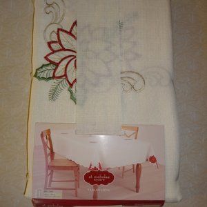 New,St. Nicholas Square Fabric Tablecloth Embroidered Poinsettia 60"x 84" Oblong
